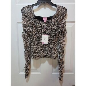NWT MUSE Republic Clothing Leopard Print Ruched Mesh Top Tan Black M